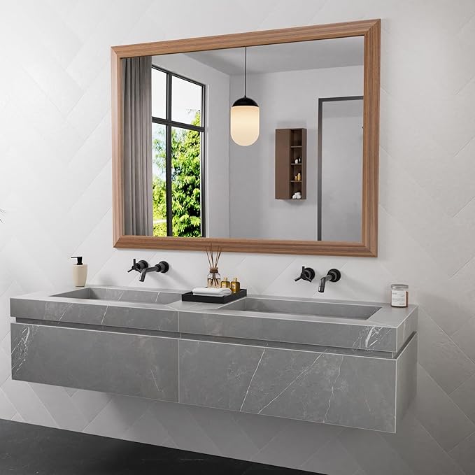 Amorho Bathroom Mirror, 48 X36 Inch Wall Mirror, Walnut Wood Grain Metal Framed, Anti-Rust, Hang Horizontally/Vertically, Suitable for Vanity, Bedroom, Farmhouse, Bathroom