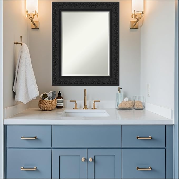 Amanti Art Black Bathroom Mirror for Over Sink, 31x25 Luxe Black Rectangle Vanity Mirror, Medium Traditional Frame, Hangs Horizonally and Vertically, Bathroom Wall Decor, Beveled Edge