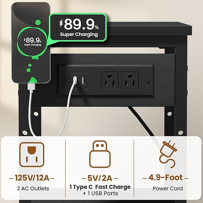 Tall End Table with Fast Charging Station, 3 Tier Narrow Side Table with Outlets and USB Ports & Type-C, Tall Nightstand with Storage, Bedside Table Stand for Living Room, Bedroom, Black