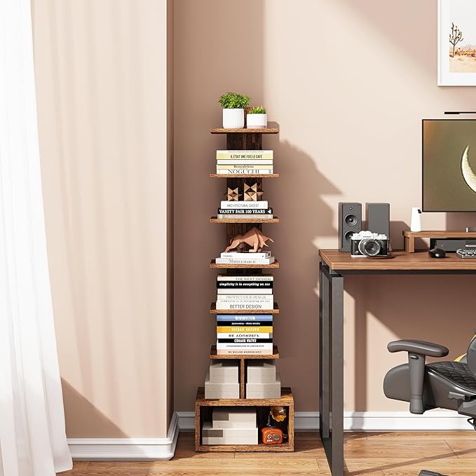TUTOTAK Narrow Bookshelf, Vertical 8-Tier Bookcase, Spine Book Shelf for Small Space, Small Standing Shelf for Living Room, Office, Study, Entryway, Brown BS07BB008