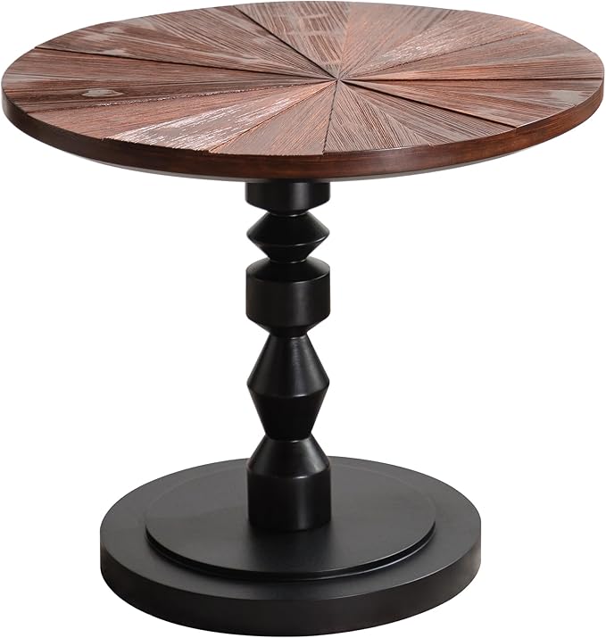 Wood Emd Table, Modern Round Side Table with Unique Top, Framhouse Accent Table for Living Room Bedroom Office (21.6 inch High)