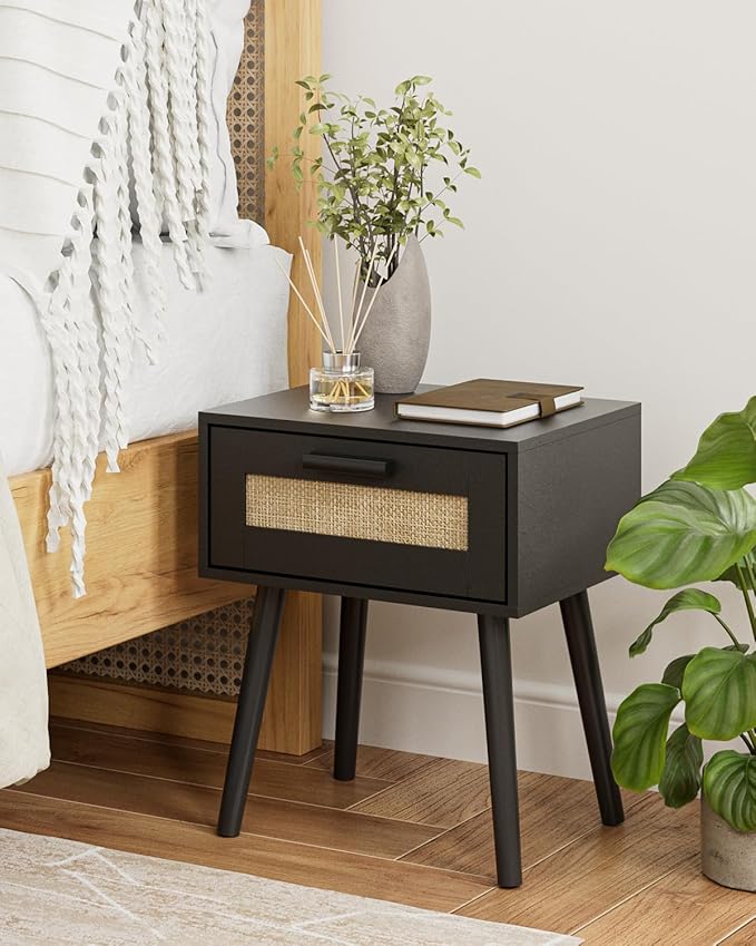 Bedroom Nightstands Wooden Night Stands with Rattan Weaving Drawer Home Bedside End Table for Bedroom Storage (Bohemian-Black)