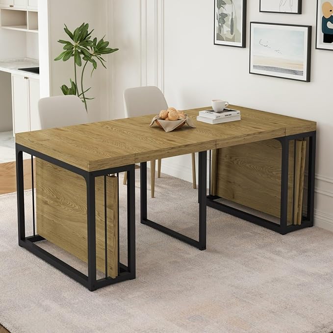 KEIKI 23.62" - 118" L Extendable Foldable Dining Room Table for 2-10 People, Wood Modern Rustic Rectangle Expandable Kitchen Living Meeting Room Furniture, 5 Tabletop Length Options