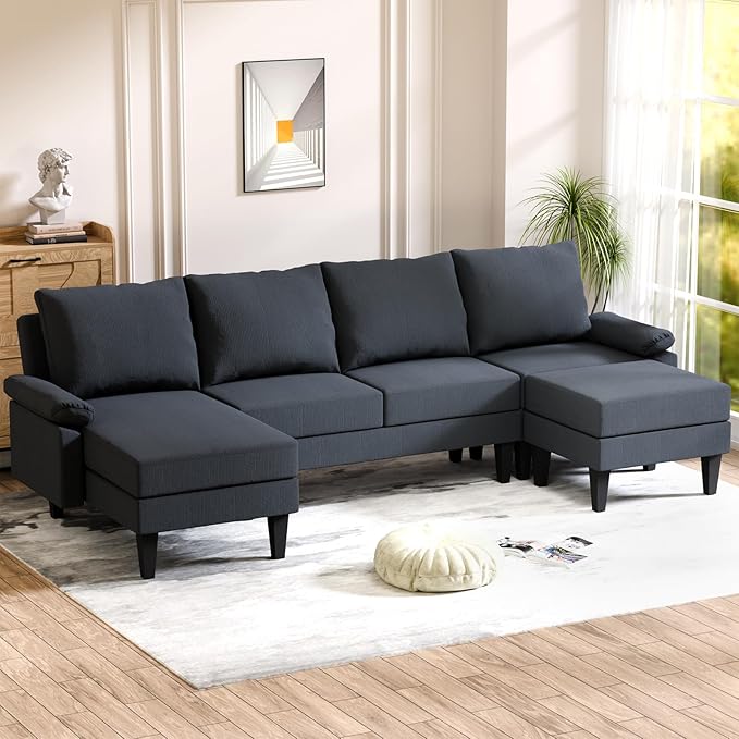 U Shaped Sectional Couch, Convertible Modular Sectional Sofa with Chaise & Ottomans, Modern 6 Seat U Shaped Couches for Living Room Apartment, Blue