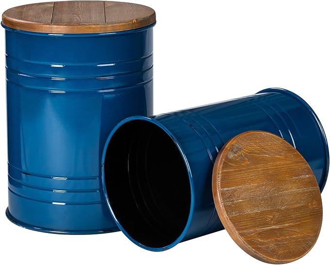 Glitzhome Farmhouse Accent Side Table, Metal Storage Stool Ottoman with Round Lid - Galvanized Coffee Cocktail End Tables Set of 2 for Living Room Bedroom, Navy Blue