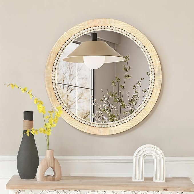 ULIKE Round Rattan Mirror, Bathroom 30 Inch Rustic Farmhouse Wall Decor with Handmade Wicker Frame, Boho Mirror for Nursery Bedroom Living Room Entryway