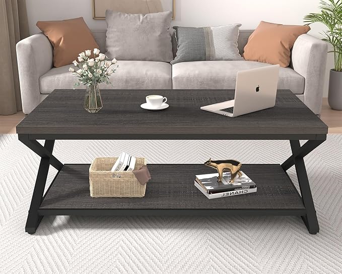 HSH Gray Coffee Table for Living Room, Minimalist Rectangle Center Table with Storage Shelf，Industrial Dark Wood and Metal Cocktail Tea Table, Office Simple 2 Tier Display Coffee Table, 47 Inch
