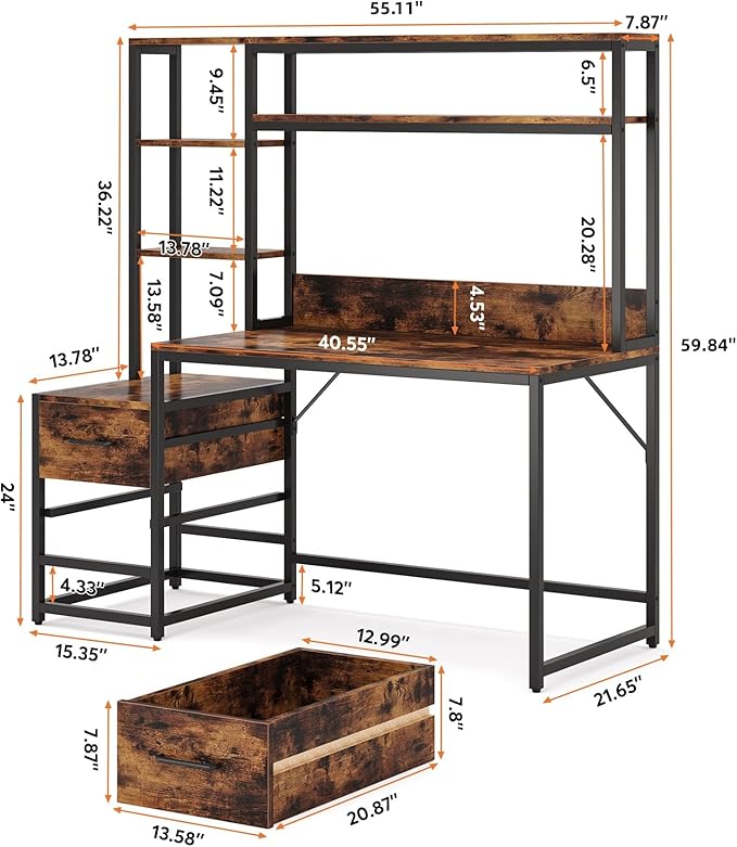 Tribesigns 55 Inch Computer Desk with 2 Drawers and Storage Shelves, Rustic Office Desk with Hutch, Study Writing Gaming Table Laptop Workstation for Home Office (Brown)