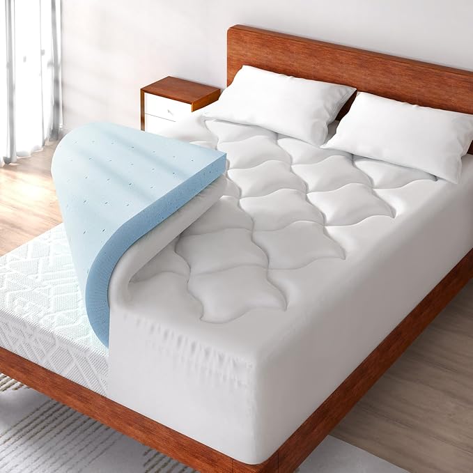 4 Inch Pillow Top Memory Foam Mattress Topper Queen, Dual Layer 2 Inch Gel Memory Foam Plus 2 Inch Pillow Top Cover, White