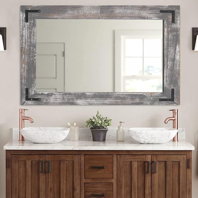 YOSHOOT Rustic Wooden Framed Wall Mirror, 48"x30", Natural Wood Bathroom Vanity Mirror for Farmhouse Decor, Vertical or Horizontal Hanging
