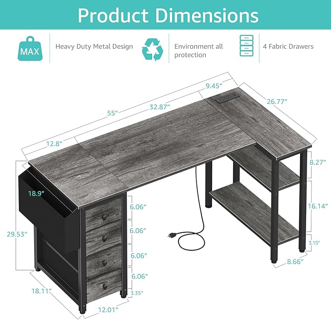 Lufeiya L Shaped Gaming Desk with Drawers & Storage Shelves, 55 Inch Corner Computer Desk with Power Outlet for Home Office Bedroom, L-Shaped Teen PC Desks with Fabric Drawer, Gray