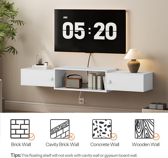 HOOBRO 55" Floating TV Stand with Power Outlet, Modern Wall Mounted Media Console Shelf Cabinet for Under TV Storage, Entertainment Center, Living Room, Bedroom, White WT11UDS01
