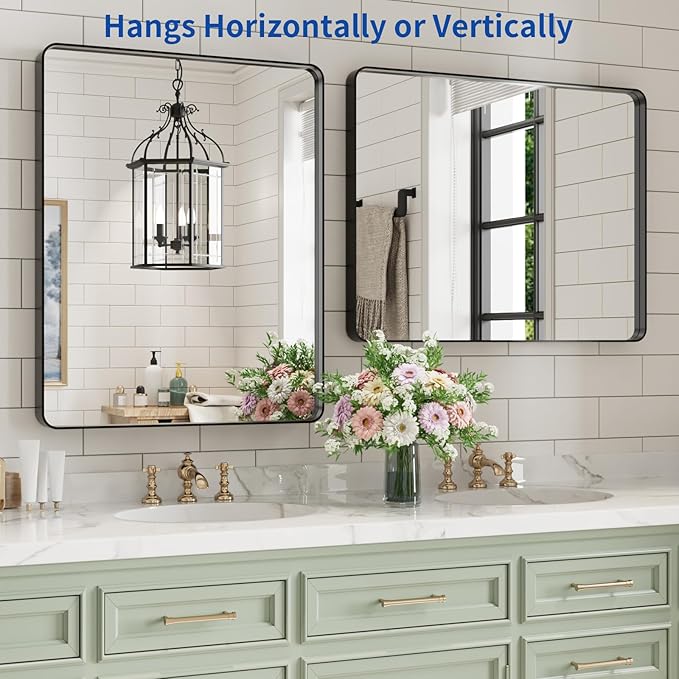 WEER Black Bathroom Mirror for Wall 20X30 Inch, Rectangular Black Metal Framed Vanity Mirror, Farmhouse Bathroom Mirror with Tempered Glass, Rounded Corner, Anti-Rust (Horizontal/Vertical)