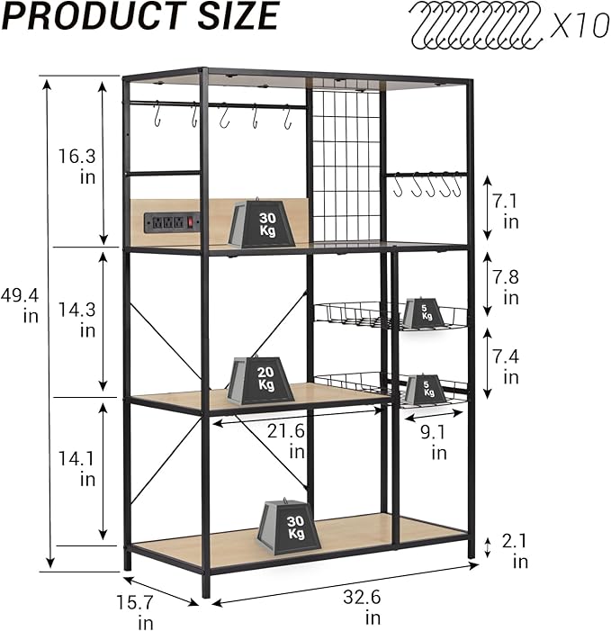 Bakers Rack with Power Outlet, Microwave Stand with Storage, Coffee Bar Organizer Cabinet with Wire Basket, Kitchen Shelf for Spices, 10 Hooks, Industrial, White Maple