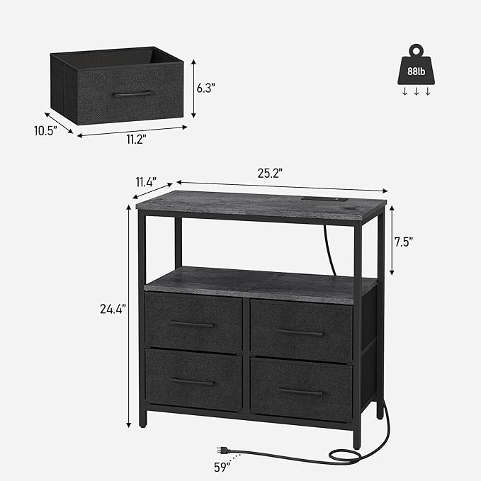 TUTOTAK LED Night Stand with Charging Station, Large Nightstand with USB and Type-C Port, Bedside Table with Cloth Drawers, End Table for Livingroom, Bedroom, Charcoal Grey TB01BY081L
