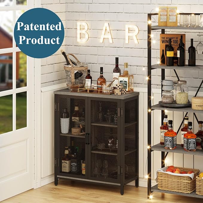 BON AUGURE Small Coffee Bar Cabinet for Liquor, Farmhouse Storage Cabinet with Doors, Wood Sideboard Buffet Cabinets for Home Kitchen, Dining Room, Living Room (Dark Grey Oak)