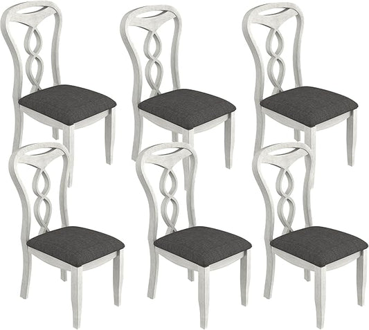 Solid Wood Dining Chair Set of 6, Kitchen Dining Room Chair with Upholstered Cushion & Wooden Legs, Modern Wood Side Chairs for for Kitchen, Washed Gray