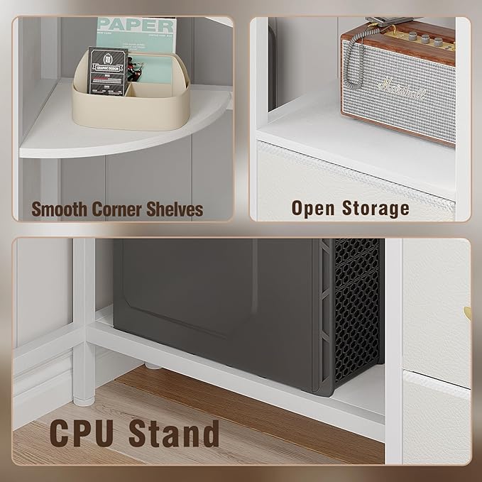 Corner Desk with 6 Drawers Shelves for Small Space Computer Desk with Power Outlets,Gaming Desk with Printer Monitor Stand Storage for Home Office Workstation Writing Table (White, 31.5)
