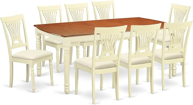 East West Furniture DOPL9-WHI-C 9 Piece Dining Table Set Includes a Rectangle Dining Room Table with Butterfly Leaf and 8 Linen Fabric Upholstered Chairs, 42x78 Inch, Buttermilk & Cherry