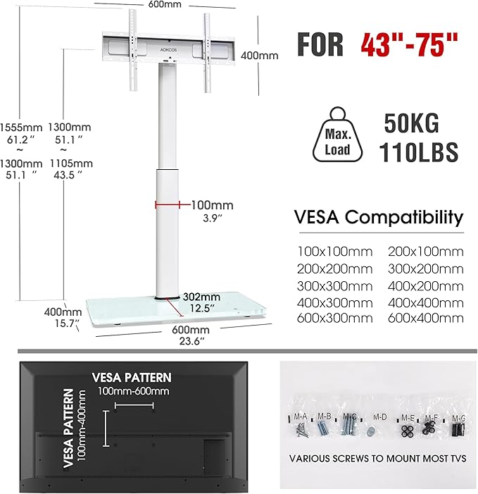 Swivel TV Floor Stand for 43-75 Inches TVs, 10 Level Height Adjustable Corner Extra Tall TV Stand Mount for Living Room/Bedroom, Holds up to 110 lbs,MAX VESA 600x400mm,White
