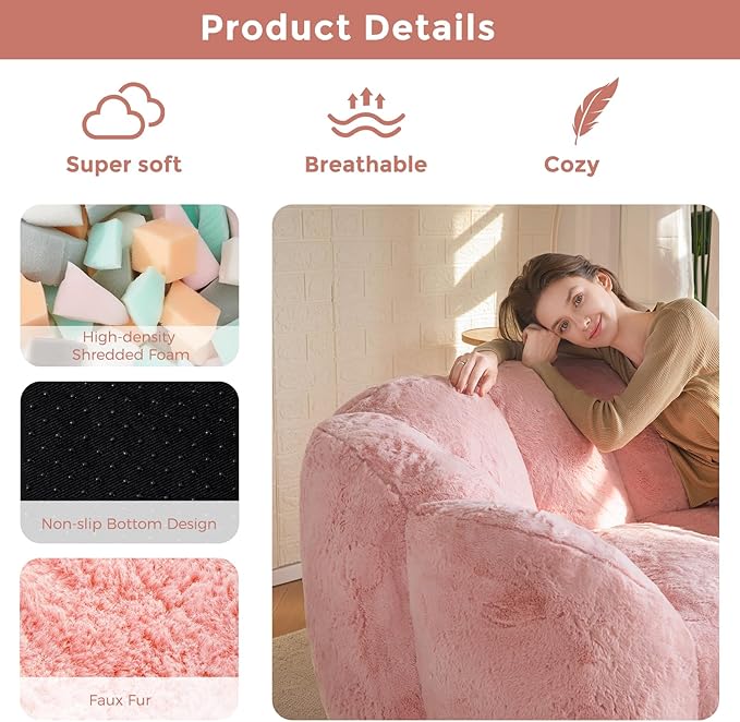 MAXYOYO Bean Bag Chair for Adults, Loveseat Floral Shaped Bean Bag Sofa, Ultra Soft Love Seat Mini Sofa Couch, Faux Fur Reading Chair for Living Room Bedroom, Pink