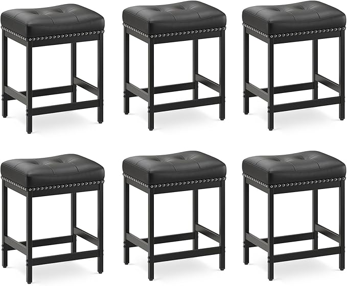MALOL Set of 6 Saddle Bar Stools Counter Height 24.4”, Black Backless Barstools for Kitchen Island, Modern PU Leather Cushioned Seat, Bar Chairs for Kitchen Counter, Breakfast Bar Stools for Home