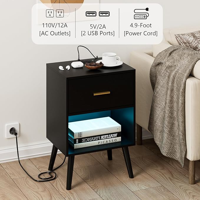 Nightstand with Charging Station and LED Lights, Small Side Table, Bedside Table with Drawer, Modern Night Stand, End Table for Bedroom, Living Room (Black)