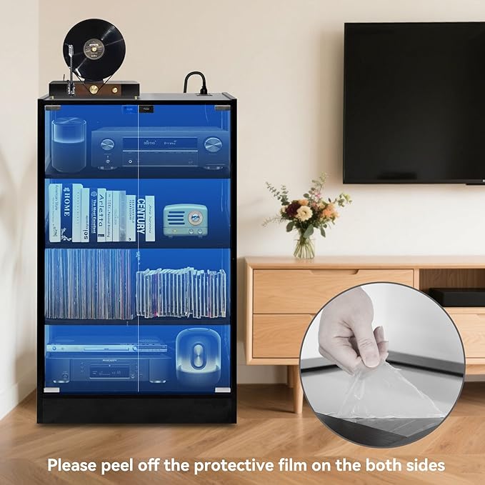 4-Tier Media Cabinet with LED Lighting, Audio/Video Stand Featuring Built-in USB Ports and Electrical Outlets, Designed for Living Rooms and Gaming Spaces, Glass Doors