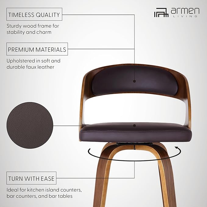 Armen Living Shelly 30" Bar Height Swivel Brown Faux Leather and Walnut Wood Bar Stool - Set of 2