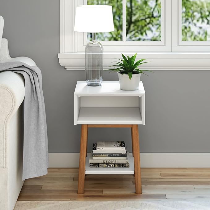 Plank+Beam Wooden Side Table with Cubby Storage Shelf, Mid Century Modern End Tables for Living Room, Small Solid Wood Nightstand, Bedside Tables, Bedroom Furniture, White/Pecan