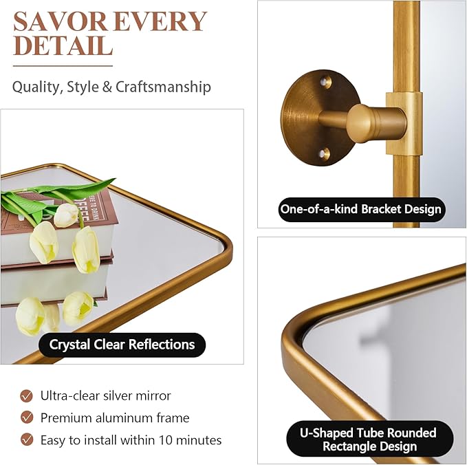 ANDY STAR Gold Pivot Mirror, 22" x 30" Brushed Gold Metal Frame Vanity Mirrors for Over Sink, Farmhouse Rectangle Bathroom Mirror with Adjustable Tilting Design Wall Mounted