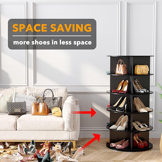 SpaceAid 5 Tier Rotating Shoe Rack Tower, Spinning Shoe Display Lazy Susan, Revolving 360 Shoe Rack Storage Round Carousel, Vertical Handbag Rotate Shoes Closet Organization (5-Tier Black)