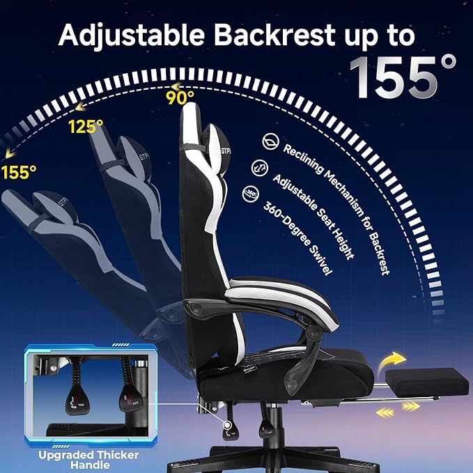 GTPLAYER Gaming Chair, Video Game Chairs with Footrest and Lumbar Support, Computer Chair for Adults with Extended Backrest, Ergonomic Reclining Silla Gamer, Fabric, Black