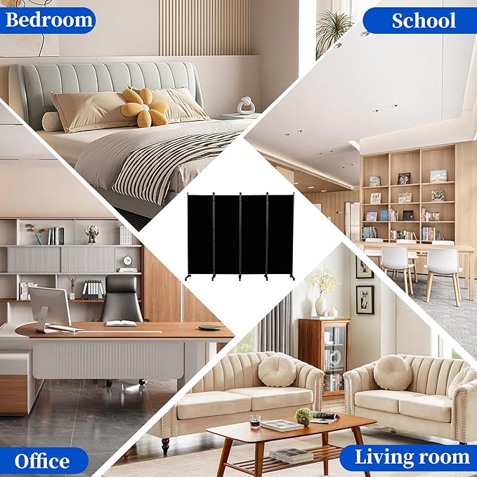 Room Divider 6FT Room Partition with Lockable Wheels,4 Panel (Thicked Metal Base) Room Dividers, Freestanding Indoor Folding Privacy Screens, Portable Fabric Wall Divider for Room Separation, Black