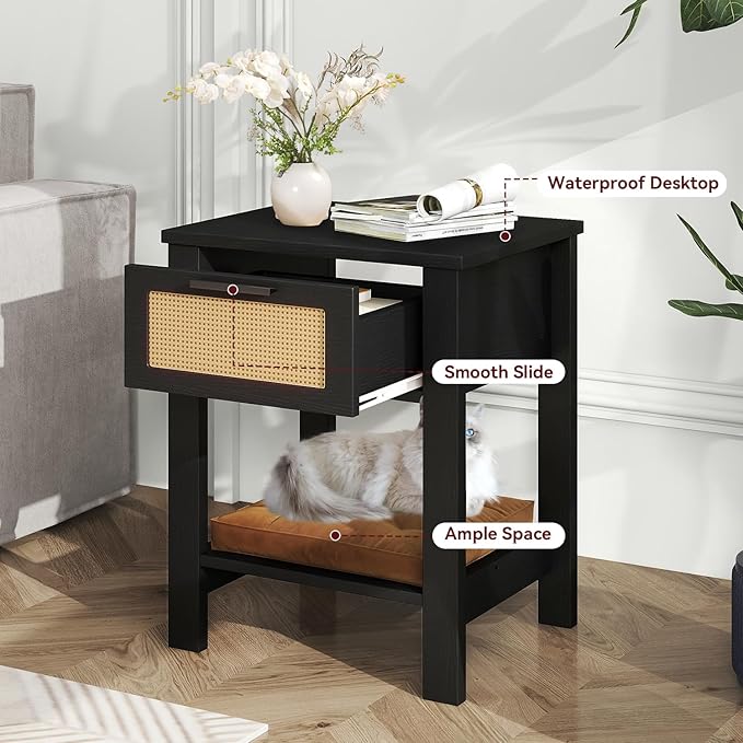 IBUYKE Rattan Nightstand, Boho Night Stand with Drawer, Wood Bedside Tables with Storage Shelf, End Table with Legs for Bedroom, Black UWNS011B