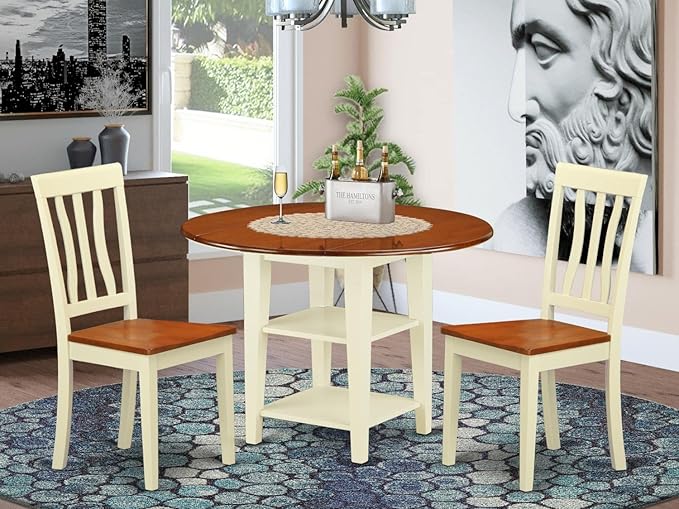 East West Furniture SUAN3-BMK-W 3 Piece Dining Room Table Set Contains a Round Dining Table with Dropleaf & Shelves and 2 Wood Seat Chairs, 42x42 Inch, Buttermilk & Cherry