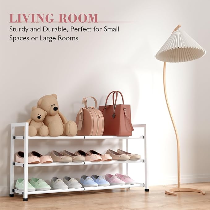 Bumusty 3-Tier Expandable Shoe Rack for Closet, 18“-33” Adjustable Shoe Rack for Small Space, Small Shoe Organizer for Front Door, Sturdy Metal, White