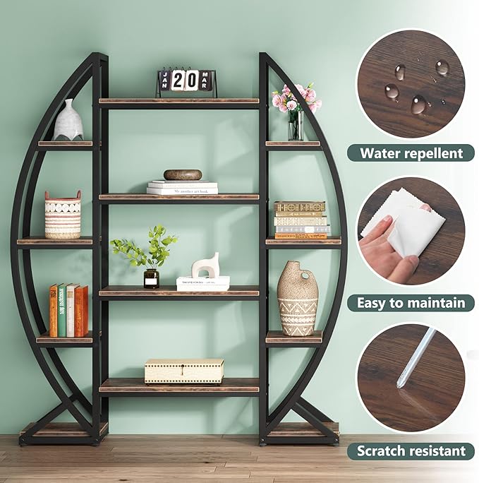 Tribesigns Oval Bookshelf, Triple Wide 5 Tier Etagere Bookcase, Industrial Display Shelves for Living Room (Brown, 55")