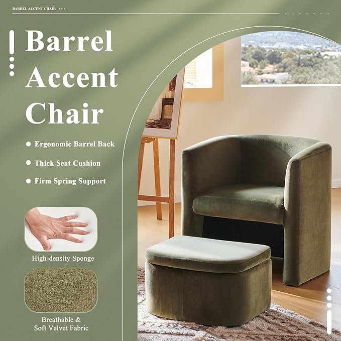 COLAMY Upholstered Velvet Barrel Accent Chair with Storage Ottoman, Morden Living Room Chair with Lounge Seat for Bedroom/Reading Spaces, Green