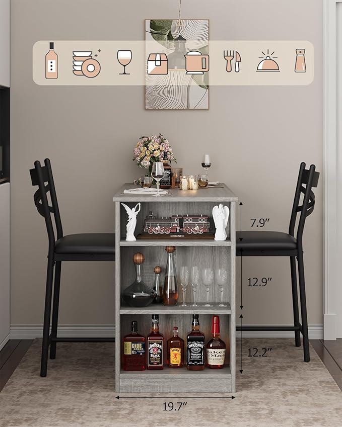GAOMON 3 Piece Bar Table Set for 2, Bar Table and Chairs Set with with Flip Top Extension, Dining Table Set with Storage Shelves, Suitable for Small Space Kitchen Apartment, Grey