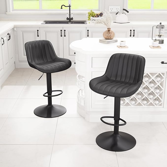 YOUNIKE Black Bar Stools Set of 2 Kitchen Counter Height Barstools Upholstered Swivel Modern Faux Leather Bar Chairs with Backs Adjustable High Breakfast Island Stool with Metal Leg