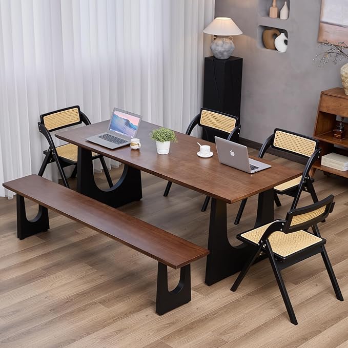 Walnut Color Long Bench Solid Wood Top Metal Legs U-Shaped Design Durable Sturdy Dining Bench Ideal for Office Home Restaurant Patio Multiple (Bench, 62.99in)