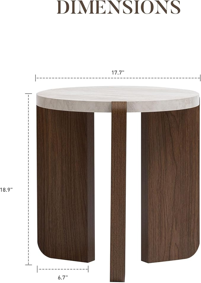 COSIEST Small Round Side Table, Modern 3-Leg Accent End Table with Faux Marble Wood Top and Wood-Like Legs, Nightstand for Living Room, Bedroom, Office, Cream White & Dark Brown,17.7”Dia. x 18.9”H
