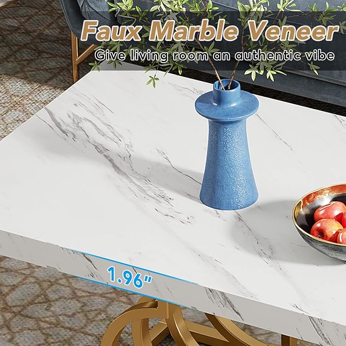 Tribesigns Modern Coffee Table, 47 Inch Faux Marble Cocktail Table with Geometric Frame, Rectangular Center Table Tea Table Accent Furniture for Living Room, Simple Assembly (White/Gold)