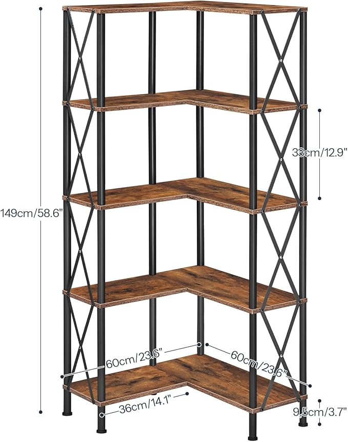 HOOBRO Corner Bookshelf, 5-Tier L-Shaped Bookcase, Industrial Open Display Shelf Tall Storage Organizer, Vertical Storage Rack, for Living Room, Home Office, Rustic Brown and Black BF60SJ01