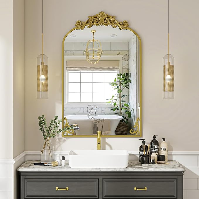 24x36 inch Vintage Arched Bathroom Mirror - Gorgeous Wall Vanity Mirror with Beautiful Retro Top and Bottom Engraving Process Frame for Entryway Hallway Living Room, Gold