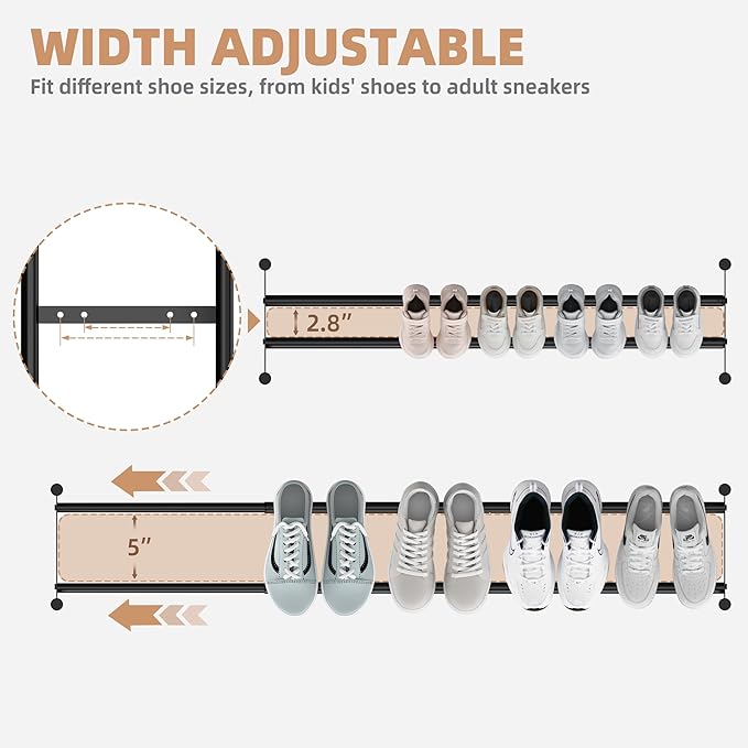 STORAGE MANIAC Long Expandable Shoe Rack, 6 Pairs Metal Wide Stackable Shoe Rack, Adjustable Shoes Shelf, Freestanding Shoes Organizer for Closet, Entryway, Hallway, Garage, Front Door, 1 Tier