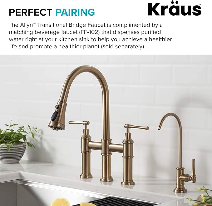 KRAUS Allyn Transitional Bridge Kitchen Faucet with Pull-Down Sprayhead in Brushed Gold, KPF-3121BG