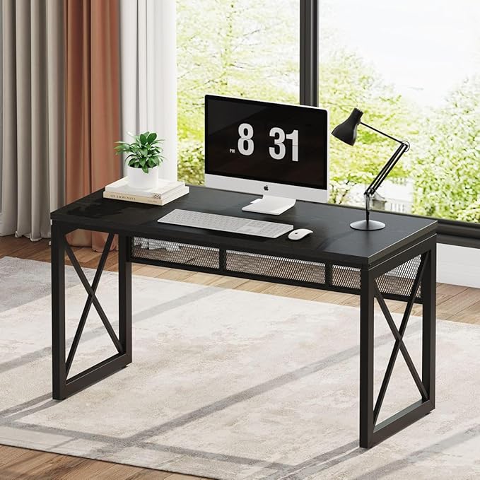 BON AUGURE Black Desk, Wood Computer Desk, Industrial Office Desks, Sturdy Writing Desks for Bedroom, Home Office, Living Room Study Workstation (Black, 54 Inch)
