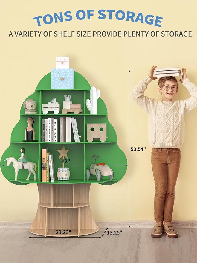 Tree Kids Bookshelf, Toddler Wood Bookcase, 16-Cubby Children Toy Storage Organizer Book Shelf for Kids Rooms, Nursery, Bedroom, Living Room, Classroom, Boy Girl’s Gift (Green Tree)